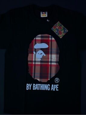 Bape Black Tee with Red Plaid Ape Head Graphic